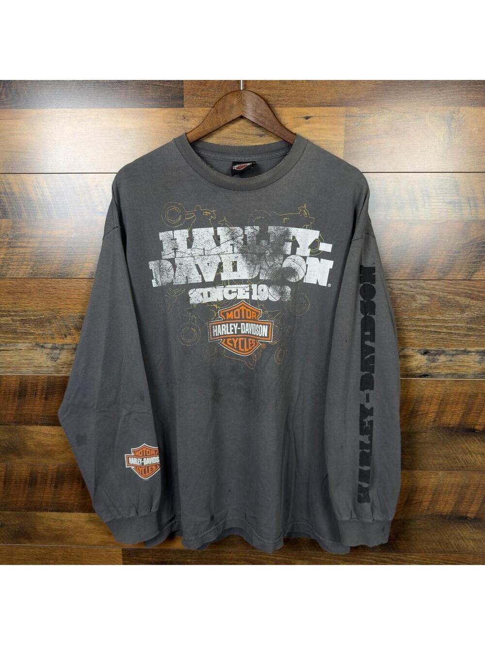 Harley Davidson Long Sleeve T Shirt Distressed Faded Biker Graphic Tee Gray